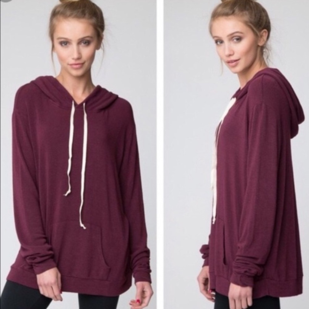 Brandy Melville Woven Burgundy Maroon Hoodie Pullover One Size M